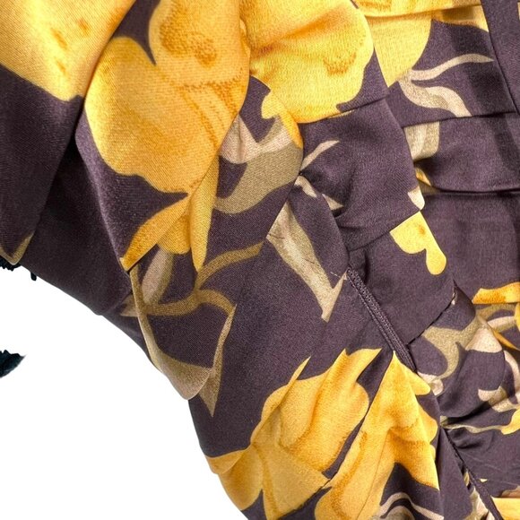 Floret Studios Floral Long Sleeve Ruched Square Neck Dress Yellow Brown XS NWOT - Picture 7 of 15